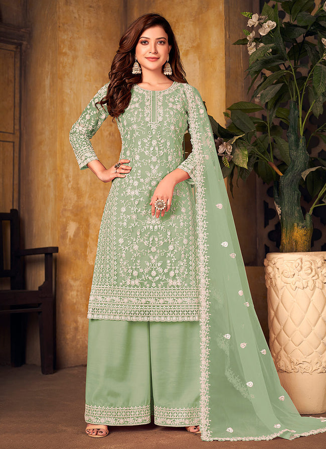Buy Palazzo - Pista Green Embroidered Palazzo Suit