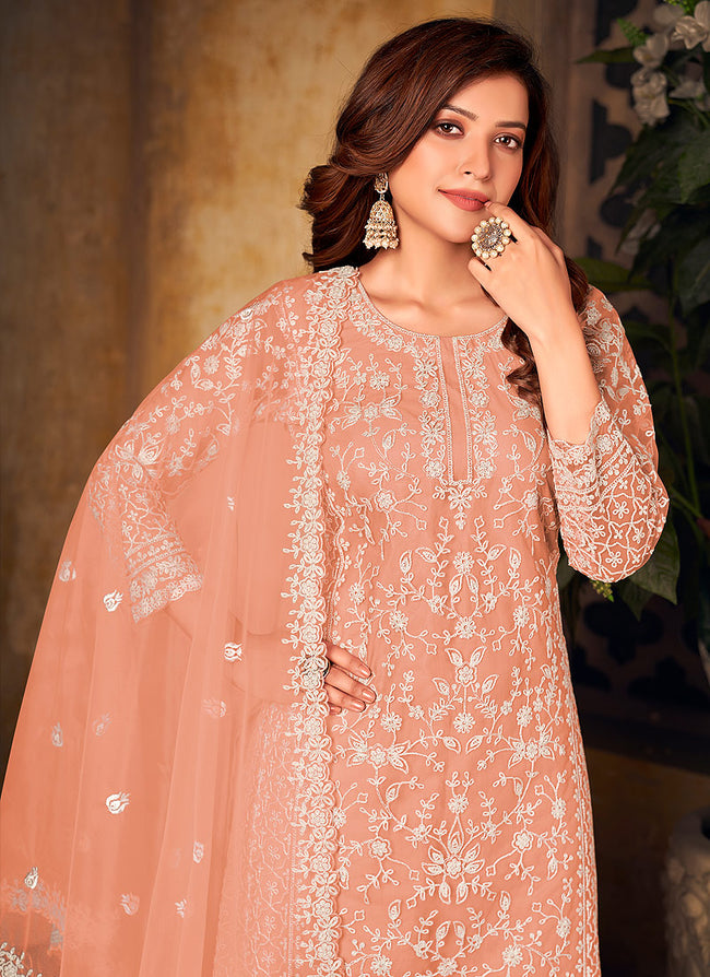 Soft Peach Embroidered Palazzo Suit