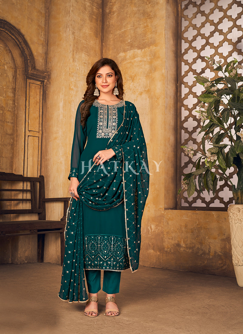 Buy JANASYA Green Embroidered V Neck Silk Blend Women's Salwar Suit With  Dupatta | Shoppers Stop