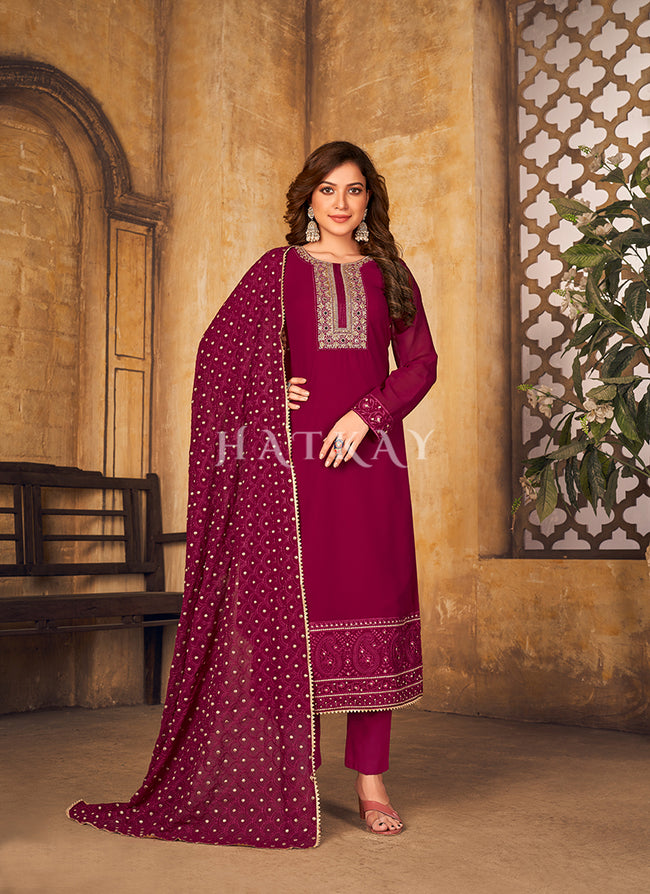 Magenta Pink Georgette Embroidered Pant Style Salwar Suit