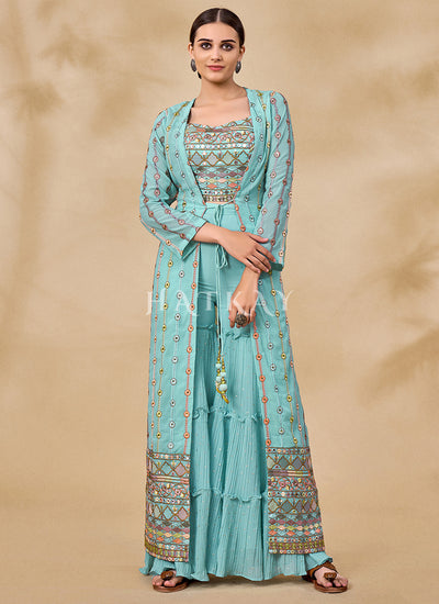 Sky Blue Multi Embroidered Jacket Style Sharara Suit