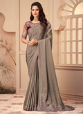 Sand Grey And Magenta Embroidered Party Wear Silk Saree