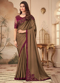 Magenta And Brown Embroidered Party Wear Silk Saree
