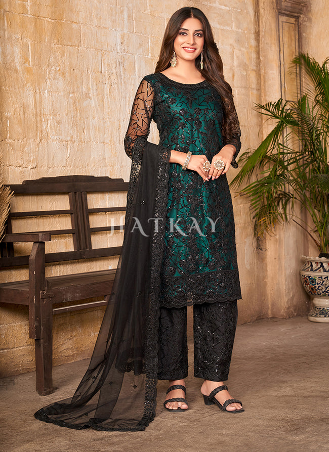 Black And Green Sequence Embroidered Pant Suit