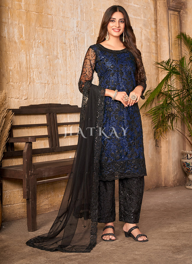 Black And Blue Sequence Embroidered Pant Suit
