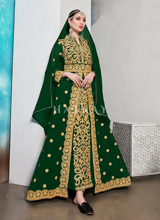 Green Zari And Crystal Embroidered Traditional Anarkali Suit