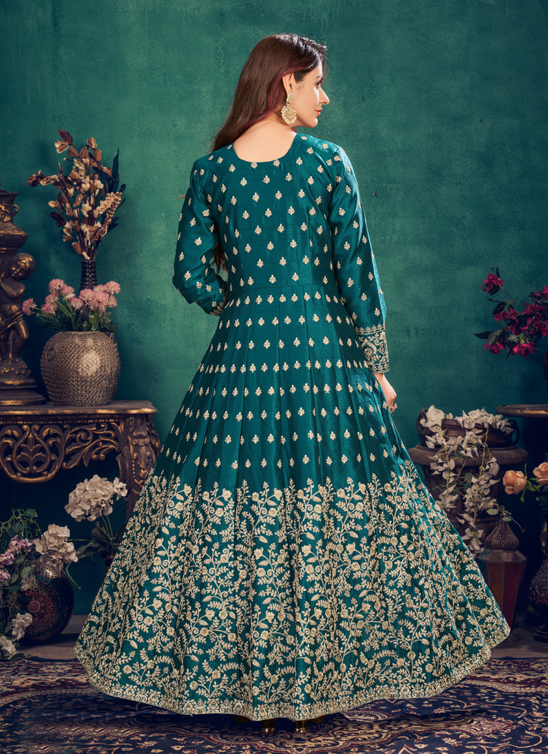 Turquoise Zari Slit Style Anarkali Pant Suit In UK