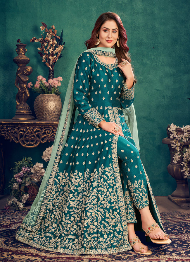 Turquoise Embroidered Slit Style Anarkali Pant Suit In UK