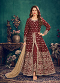Bridal Red Zari Embroidered Slit Style Anarkali Pant Suit