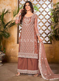 Rustic Brown Embroidered Designer Palazzo Suit