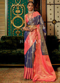 Purple And Peach Zari Weaved Handloom Silk Saree