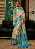 Beige And Blue Zari Weaved Handloom Silk Saree