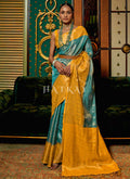 Turquoise And Yellow Zari Weaved Handloom Silk Saree