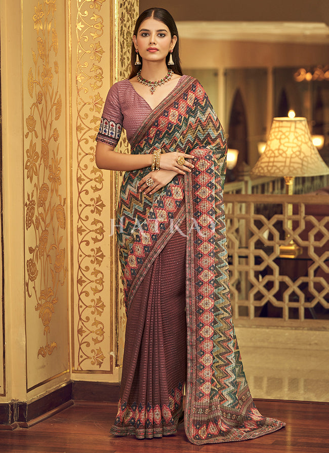 Mauve Sequence Printed Georgette Saree