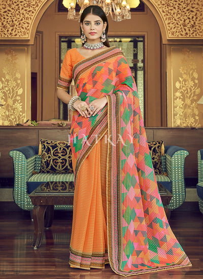 Orange Sequence Printed Georgette Saree