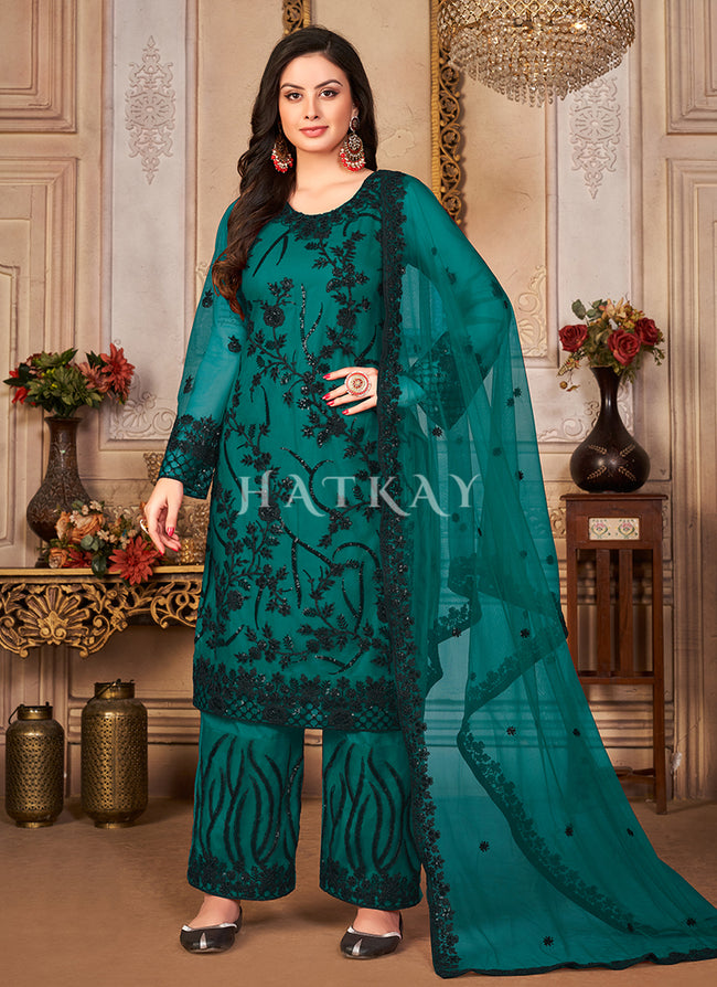 Green Zari Embroidered Pant Style Suit