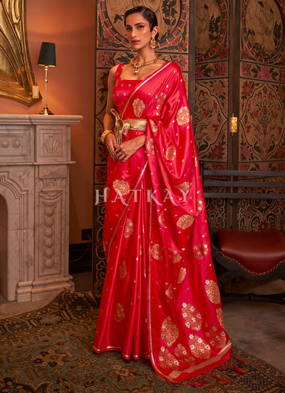Bridal Red Zari Weaved Satin Silk Saree