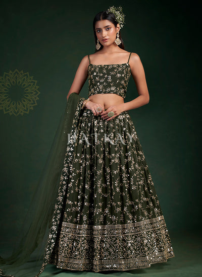 Mehendi Green Mirror Work Embroidery Traditional Lehenga Choli