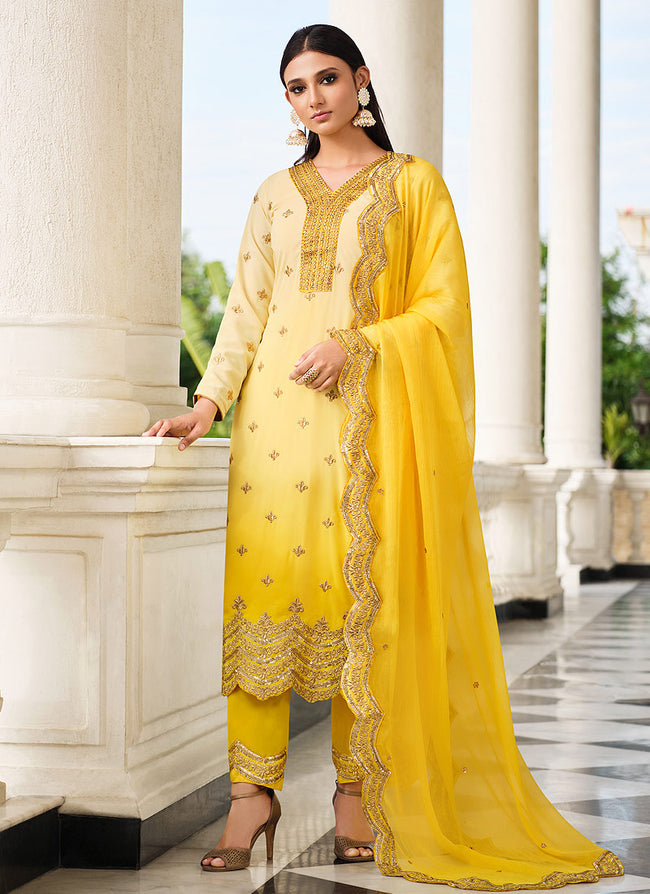 Shaded Yellow Golden Zari Embroidered Pant Style Suit