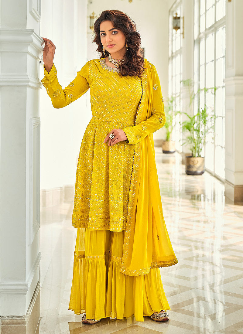 Yellow Sequence Georgette Gharara Suit 