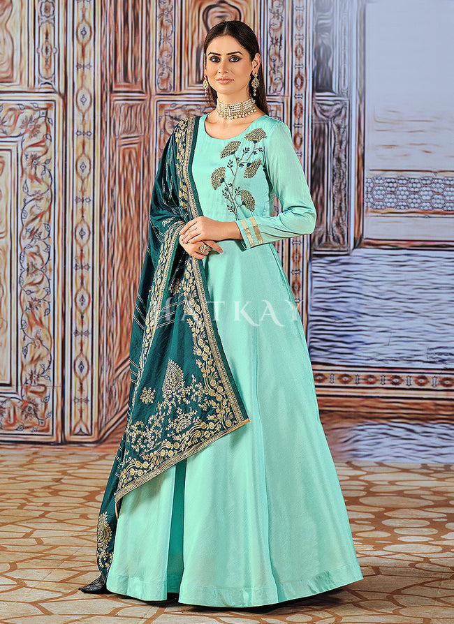 Sea Green Embroidered Silk Anarkali Suit