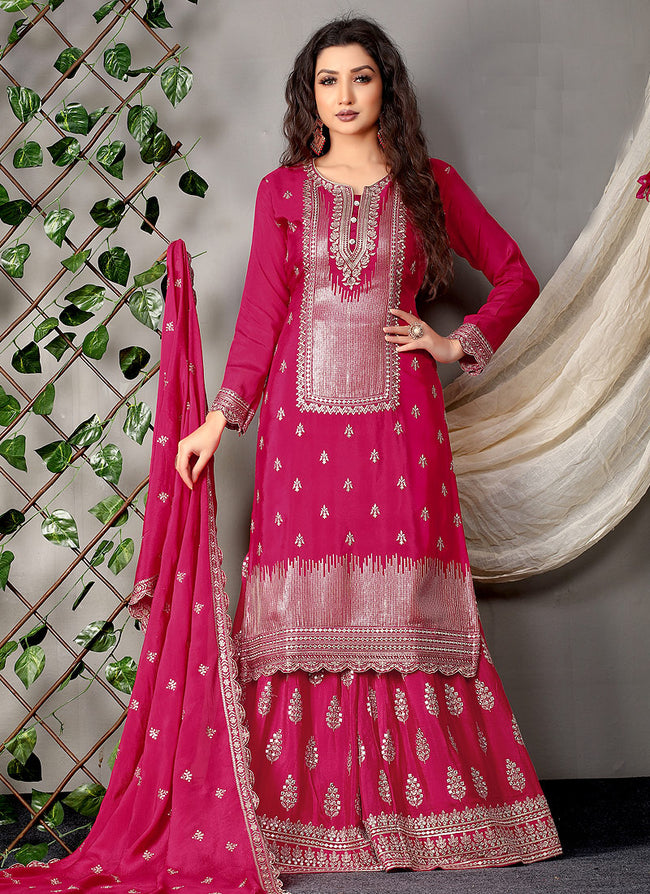 Pink Silk Embroidered Palazzo Suit