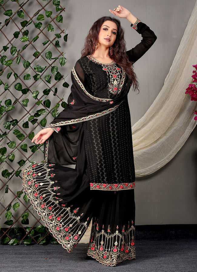 Black Silk Embroidered Palazzo Suit