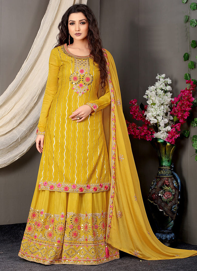 Net Embroidery Pant Style Suit In Yellow Colour-SM1640653