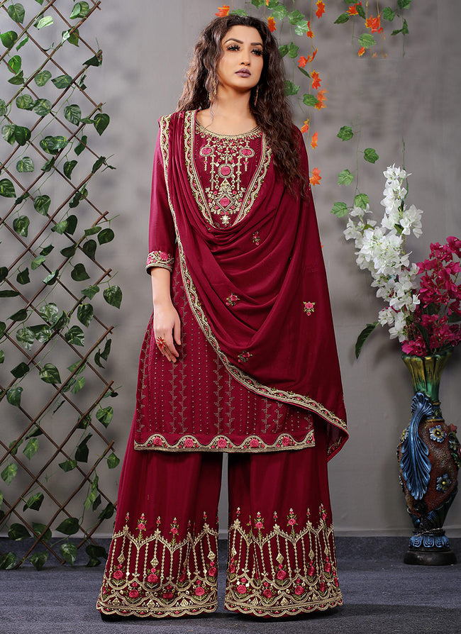 Red Silk Multi Embroidered Palazzo Suit