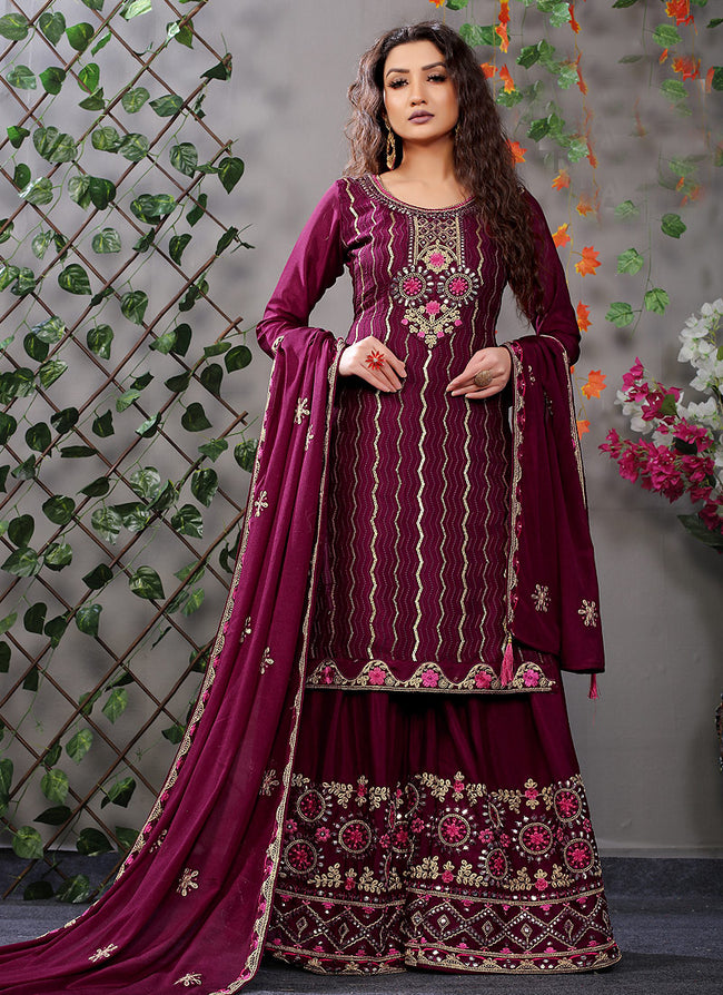 Maroon Silk Multi Embroidered Palazzo Suit