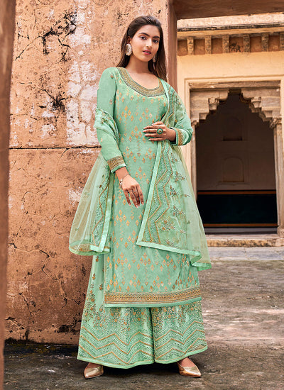 Sea Green Golden Zari Embroidered Wedding Palazzo Suit 