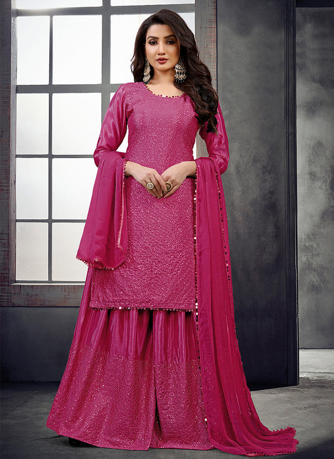 Hot Pink Zari And Sequence Embroidered Palazzo Suit