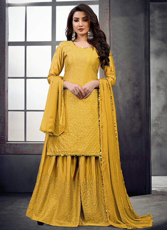 Yellow Zari And Sequence Embroidered Palazzo Suit
