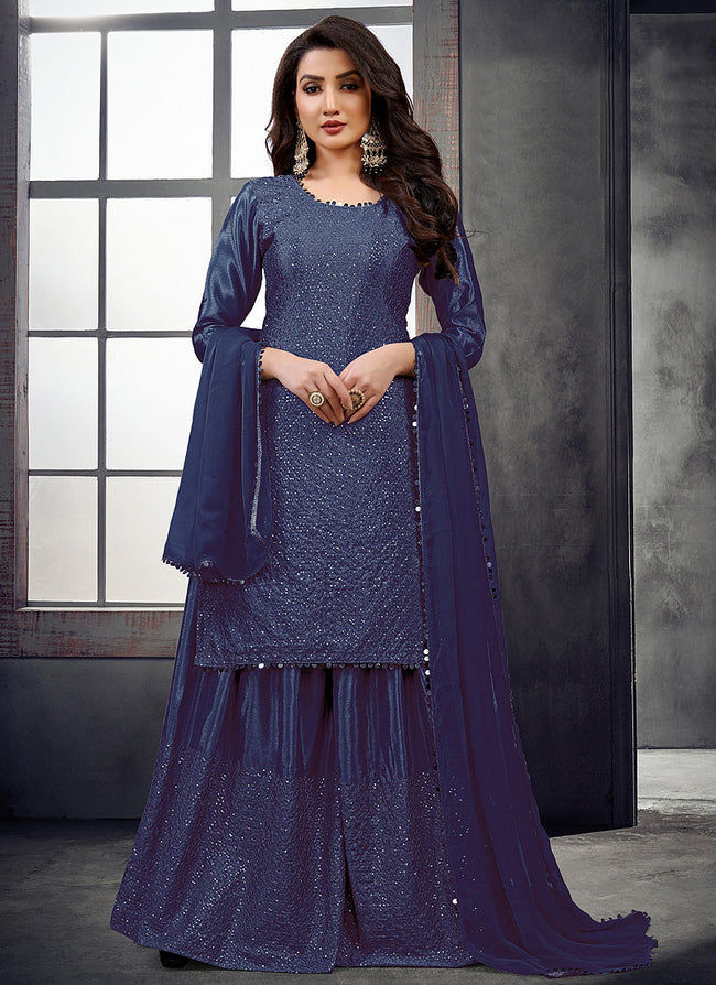 Navy Blue Zari And Sequence Embroidered Palazzo Suit