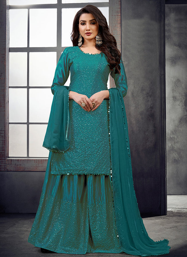 Turquoise Zari And Sequence Embroidered Palazzo Suit