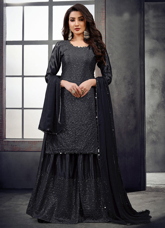Black Zari And Sequence Embroidered Palazzo Suit