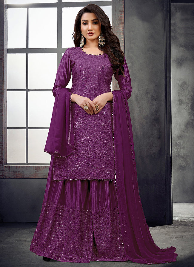 Purple Zari And Sequence Embroidered Palazzo Suit