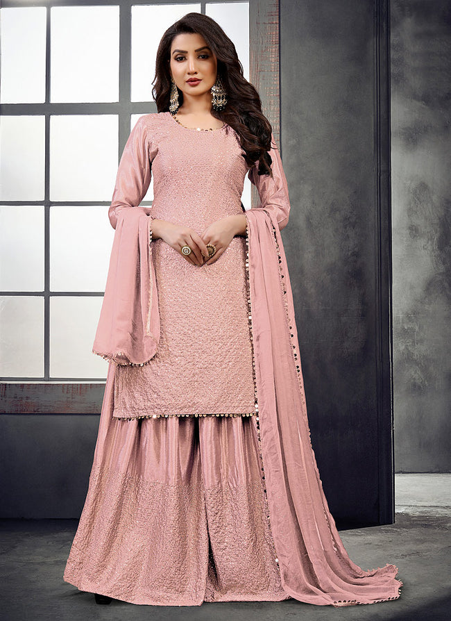 Rose Pink Zari And Sequence Embroidered Palazzo Suit