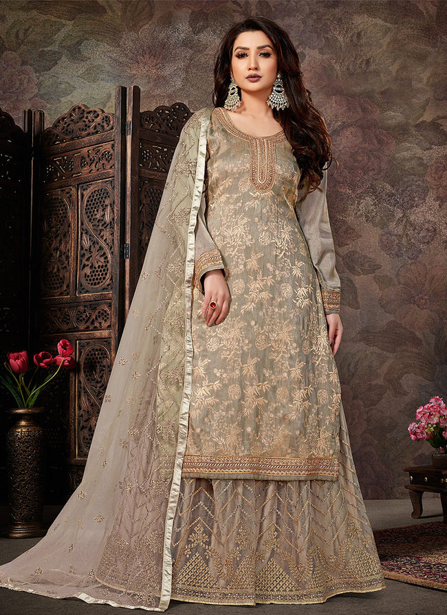 Beige Golden Embroidered Jacquard Silk Palazzo Suit