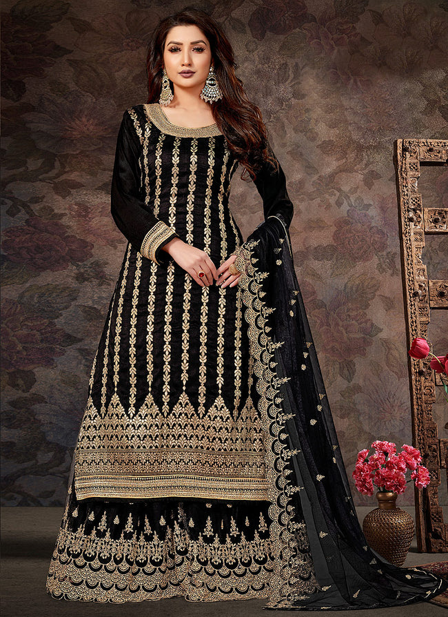 Black Golden Embroidered Jacquard Silk Palazzo Suit