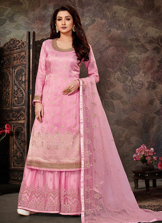 Soft Pink Embroidered Jacquard Silk Palazzo Suit