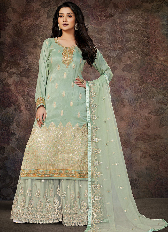 Mint Green Embroidered Jacquard Silk Palazzo Suit