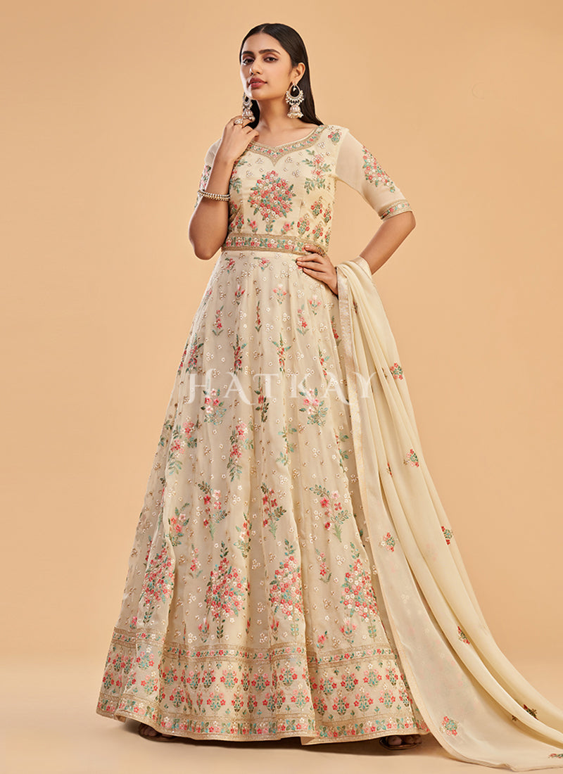 Pale Yellow Multi Embroidered Partywear Anarkali Suit