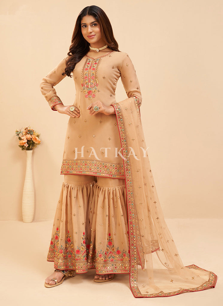 Golden Beige Multi Embroidered Georgette Gharara Suit