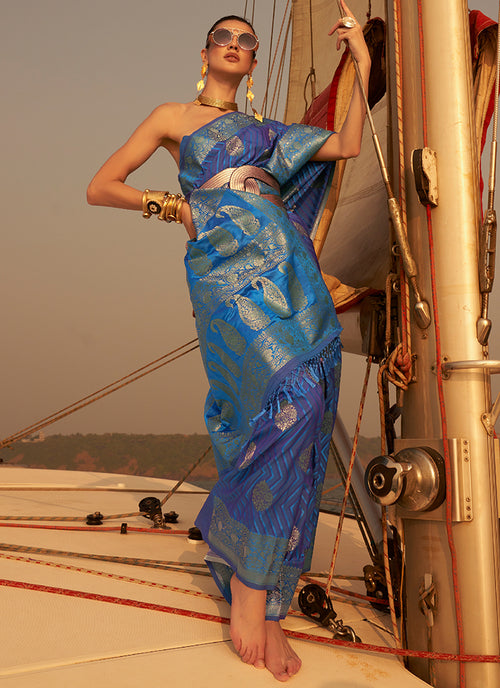 Dark Blue Two Tone Zari Weaved Satin Silk Saree