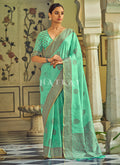 Buy Saree USA | Sea Green Copper Zari Embellished Tissue Silk Saree