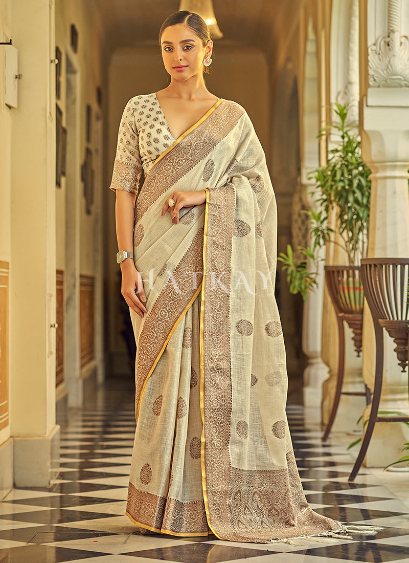 Buy Saree USA | Beige Copper Zari Embellished Tissue Silk Saree