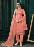 Peach Embroidered Jacket Style Pant Suit In Germany