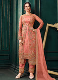 Peach Traditional Embroidered Jacket Style Pant Suit