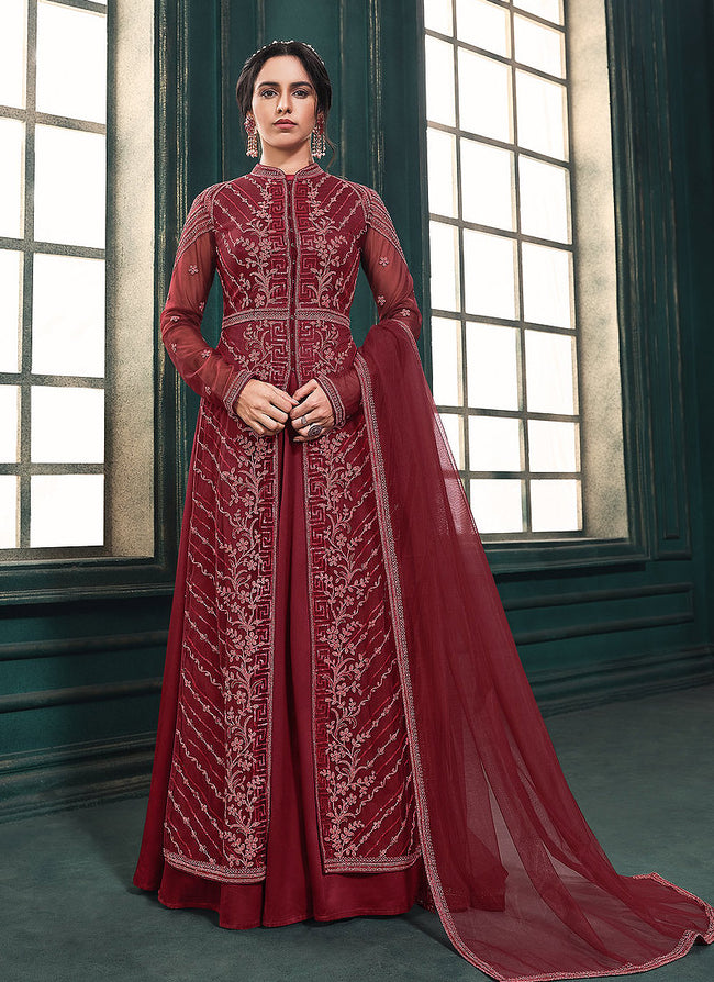 Red Traditional Embroidered Layered Indian Anarkali Suit